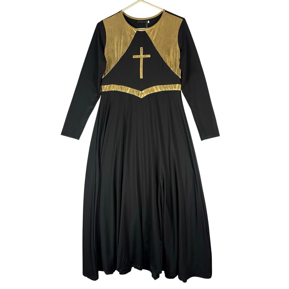 NWT IBT0M CASTLE Metallic Gold Cross Liturgical Praise Dance Dress Womens Size L